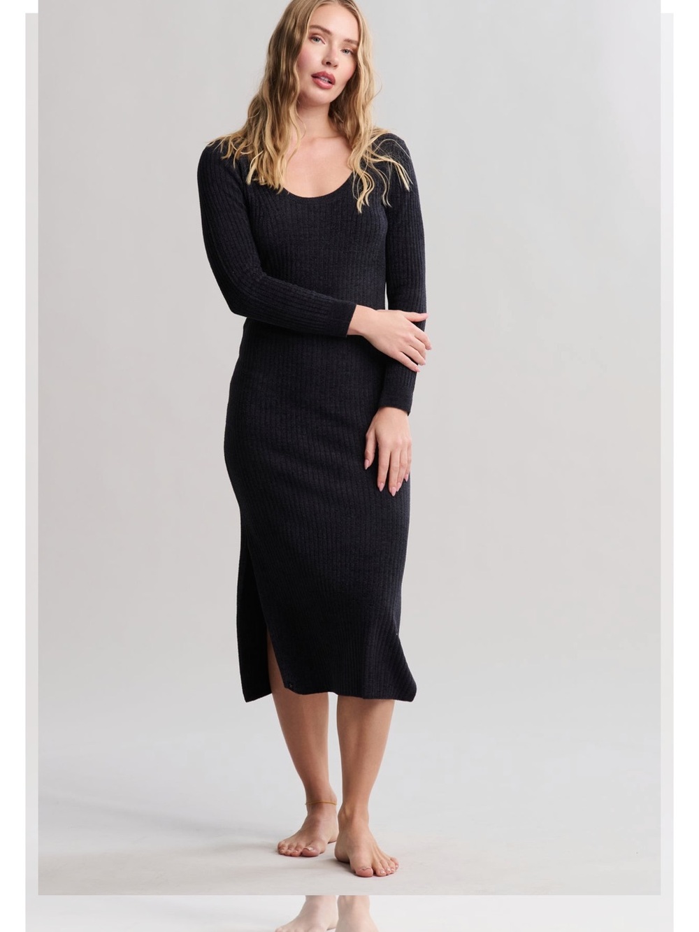 Barefoot Dreams Black Ribbed Long Sleeve Midi Dress with Side Slit